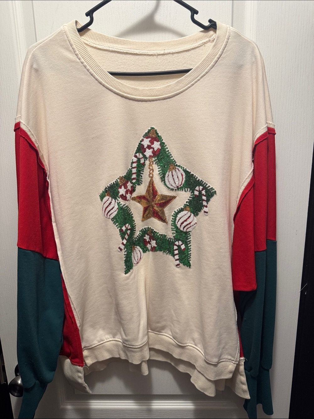 Boutique Sequin Christmas Tree Colorblock Oversized Sweatshirt